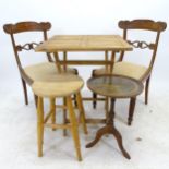A teak square-top folding garden table, W58cm, H74cm, a pair of Regency style mahogany dining