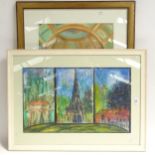 Maureen Connett, pastels, Robert Adam interior, and "a Sussex scene", framed (2)