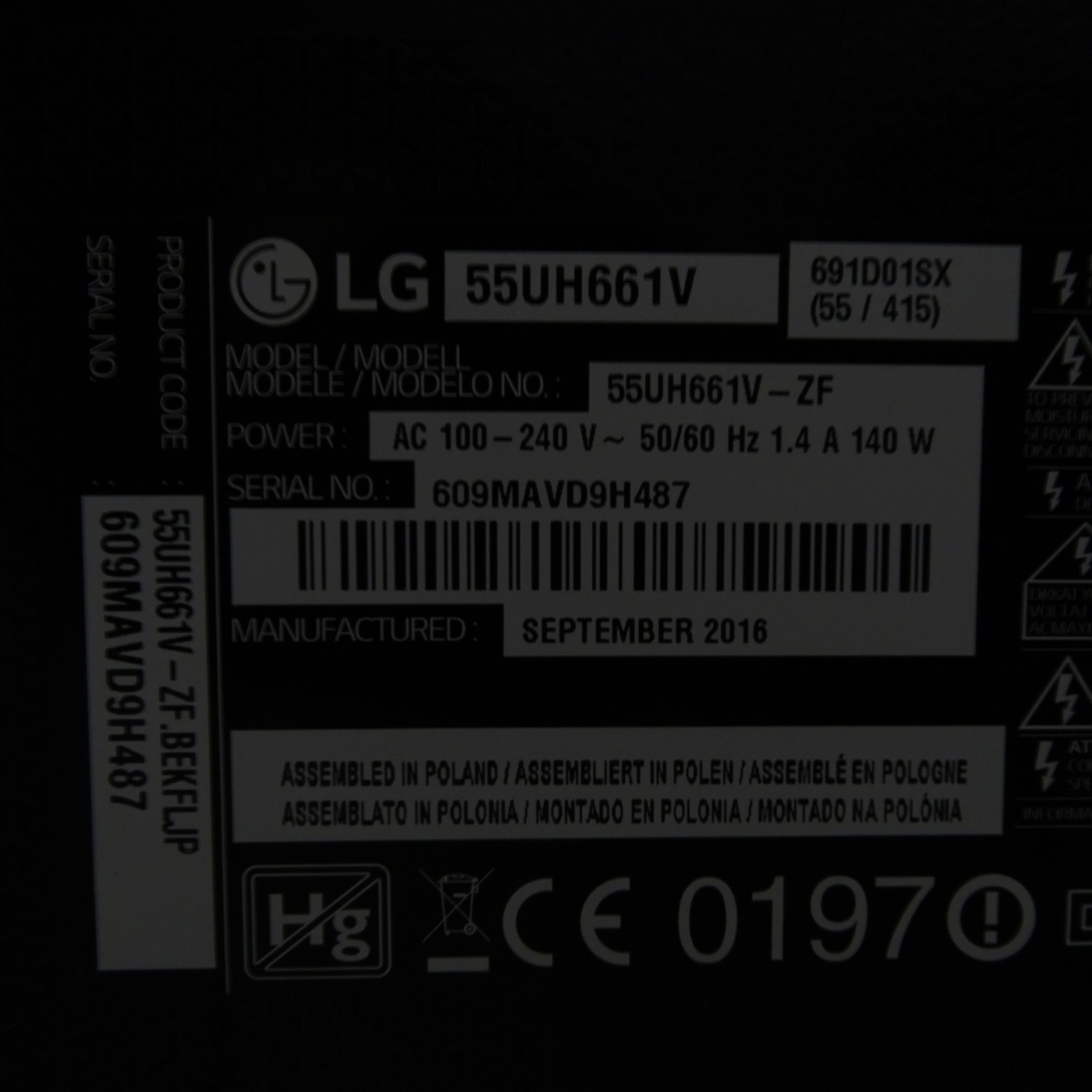 A LG 55" Smart TV, model no. 55UH661V, with remote. No stand - Image 2 of 2