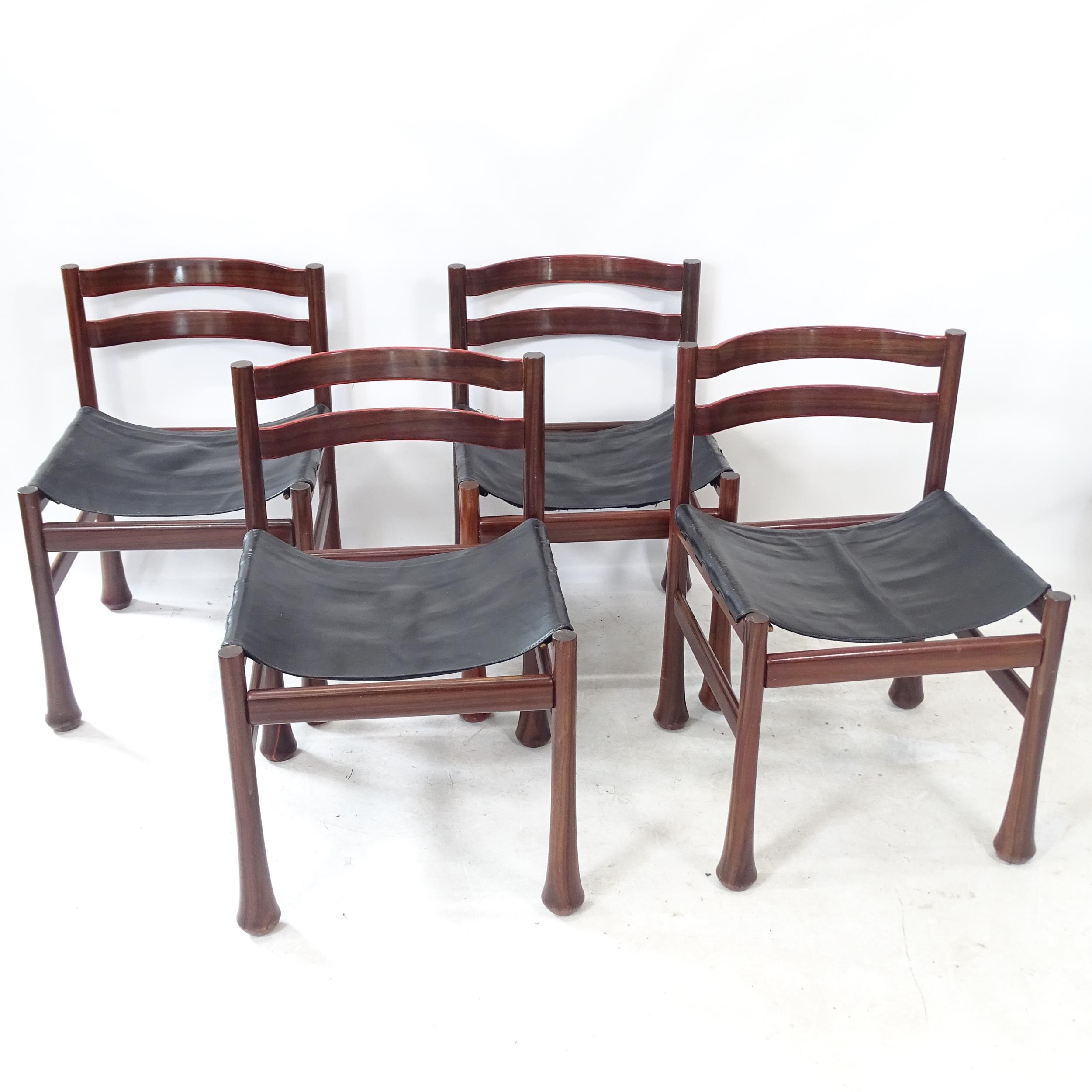 A set of 4 mid-century Brazilian designer Santos side chairs, with flared trumpet legs, and