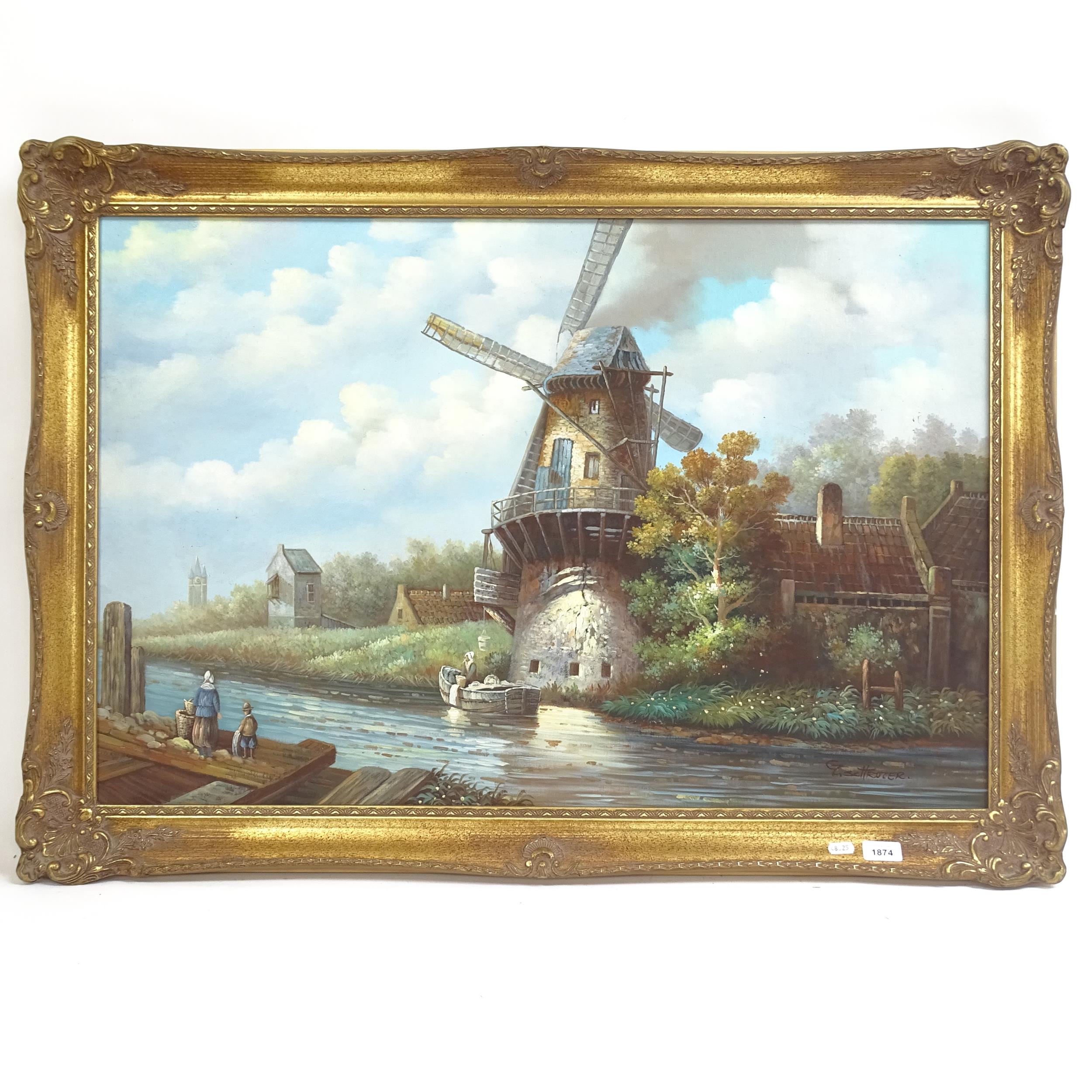 Schroter, modern oleograph on board, Dutch windmill, overall 73cm x 103cm, gilt-framed