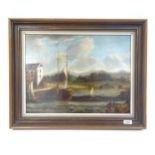 19th century oil on canvas, boats on an estuary, unsigned, 15" x 20", framed
