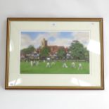 Geoffrey John Hall, watercolour, cricket on the village green, overall 55cm x 74cm, framed