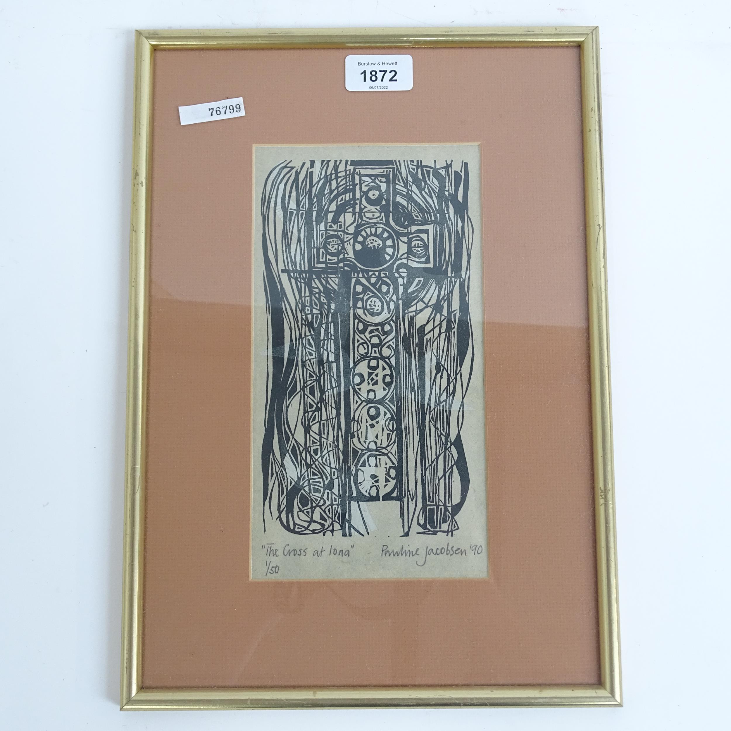 Pauline Jacobsen, limited edition woodblock print "the cross at Iona", 1/50, signed and dated '90,