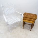 A white painted metal folding garden seat, and a nest of 3 occasional tables, largest L58cm,