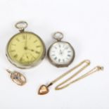An Art Nouveau style 9ct gold sapphire pendant, 9ct cameo necklace, and 2 pocket watches