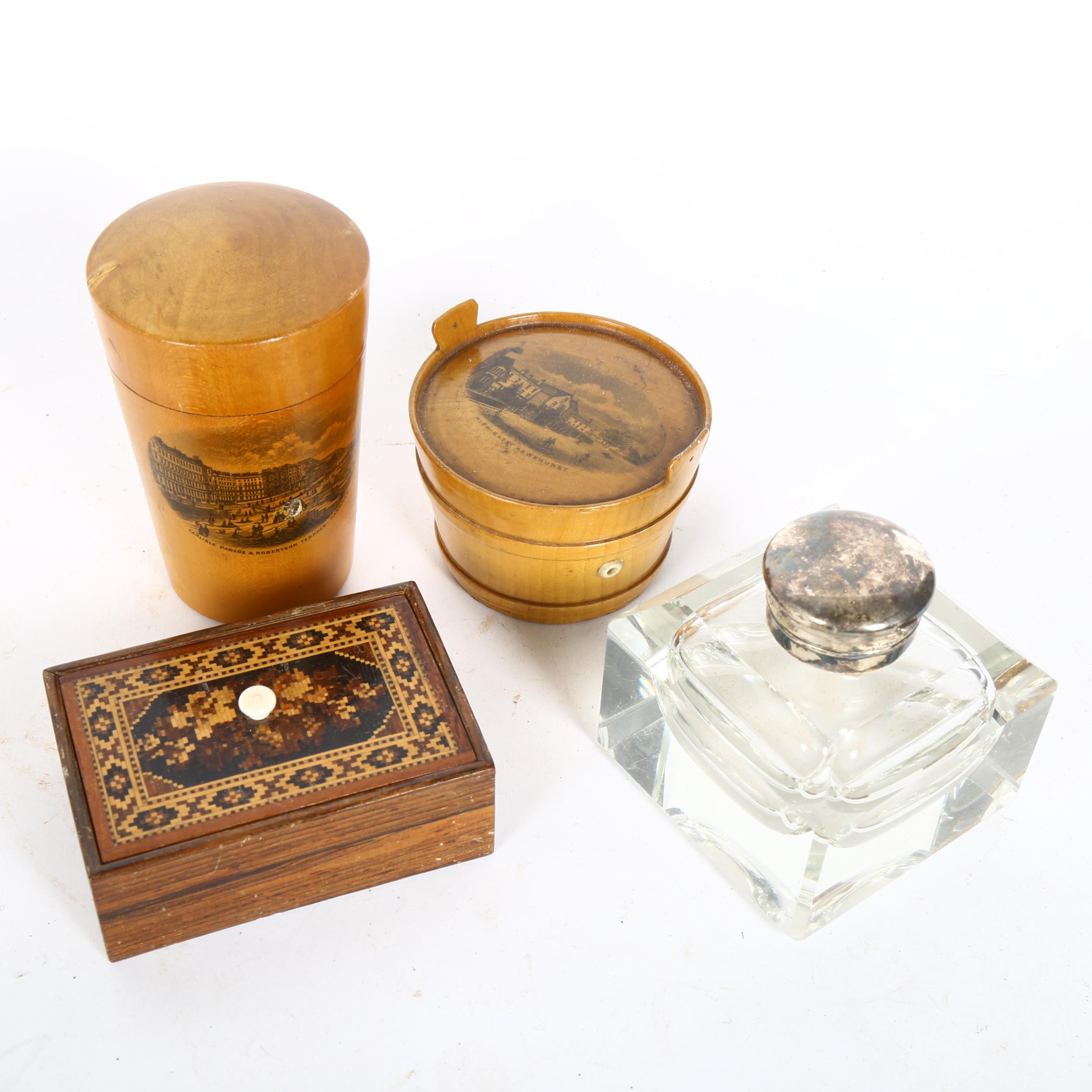 Various collectables, including Mauchline Ware Hastings Beaker box, Hawkhurst sewing reel box,
