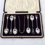 A cased set of Art Nouveau silver plated teaspoons and matching tongs, maker's marks for Lews
