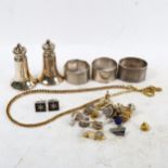 3 silver napkin rings, a silver cruet set, and various costume jewellery
