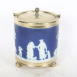 A Wedgwood blue Jasperware biscuit barrel, with plated mounts