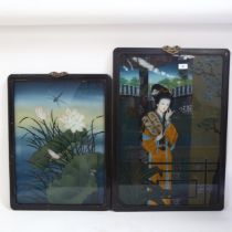 2 Japanese reverse paintings on glass, both framed, largest overall 71cm x 50cm (2)