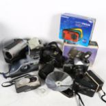 Various cameras, including Olympus OM101, Polaroid etc
