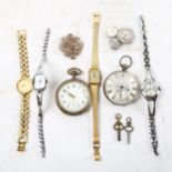 2 pocket watches, lady's wristwatches, watch key etc