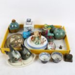 A Hummel fish cruet, nursery dishes, old Chinese glaze dog of fo, pair of miniature Chinese tea