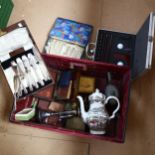 Vintage kid gloves, walnut box, playing cards, plated ware, cases etc (boxful)