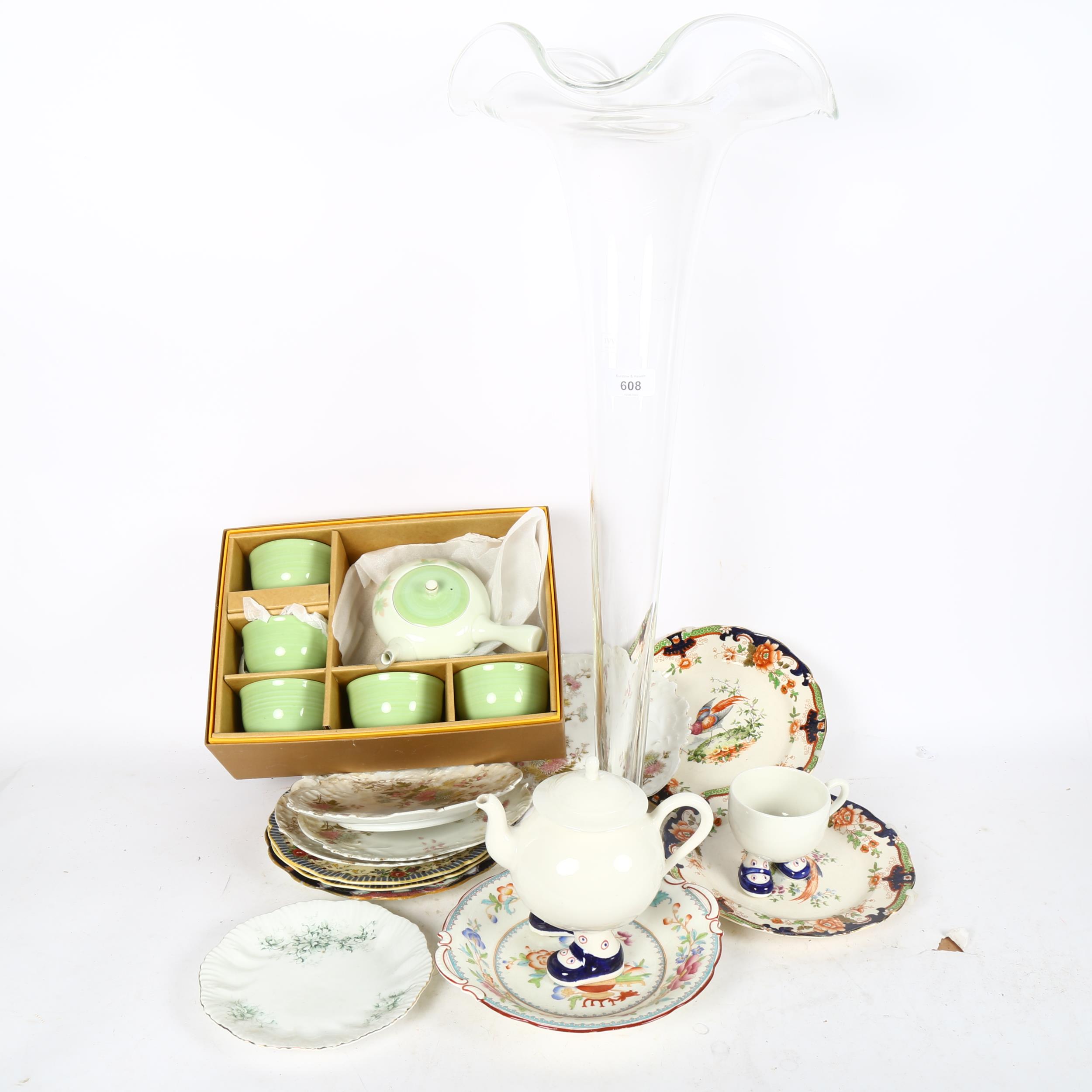 A Japanese Sake set, boxed, a collection of Antique decorated plates, Mauchline Ware teapot and cup,