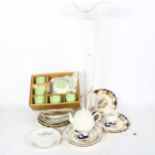 A Japanese Sake set, boxed, a collection of Antique decorated plates, Mauchline Ware teapot and cup,