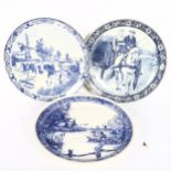 3 large blue and white Delft transfer chargers, largest diameter 39cm (3)