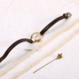 A lady's Waltham 9ct gold-cased wristwatch, a 10ct gold stick pin, and a pearl choker necklace