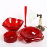 A group of ruby Art glass bowls, and a milk glass shade wall light fitting