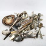 A quantity of mixed plated cutlery, shell dishes etc (boxful)