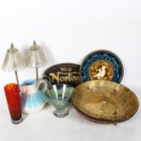 A Denby Burlington jug, an Austrian Maiolica charger, a pair of table lamps, a reproduction sign etc