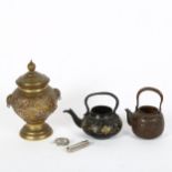 3 miniature Japanese items, including vase and cover, kettle etc