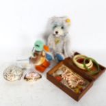 A Classic Series Steiff bear, and a Steiff duck, a shell purse, Bakelite jewellery, a pearl brooch