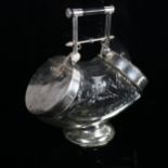 A moulded glass and silver plated biscuit barrel, with 2 pull flip-up engraved lids
