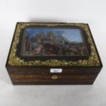 A 19th century Italian coromandel sewing box, with hand painted mother-of-pearl Archadian landscape,
