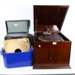 A large mahogany-cased wind-up gramophone, with various vinyl records (2 boxes)