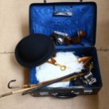 Various collectables, including 4 staghorn riding crops with silver collars, black bowler hat, black