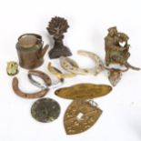 Various collectables, including sundial, horseshoes, cast-iron wheatsheaf doorstop etc
