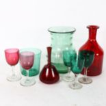 A group of glassware, to include a Whitefriars green glass vase, cranberry glass carafe and 2