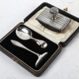 A cased silver christening set, and a Victorian silver desk blotter
