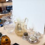 A large Whitefriars amber glass water jug, an Antique tot, a glass Vesta, a vaseline glass epergne