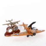 A wooden model plane on stand, "Reach For The Sky", wingspan 39cm, and a clock and thermometer,