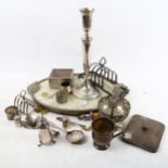 Various silver plated ware, to include toast rack, tray, cruets etc (boxful)