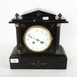 An early 20th century French black slate-cased architectural 8-day mantel clock, by Japy & Co,