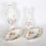 A pair of Royal Crown Derby oval dishes, with painted and gilded decoration, and 2 Ainsley vases