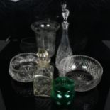 Various glass, including hurricane lantern, decanters etc