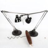 A pair of modern chrome anglepoise lamps, and a large corkscrew