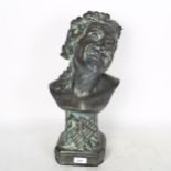 A patinated verdigris terracotta bust, on plinth stand, height 47cm