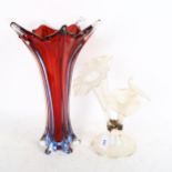 A tall red and blue Art glass vase, height 40cm, and an iridescent glass epergne (2)