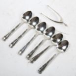 A set of 6 silver coffee spoons, and a pair of silver wishbone sugar nips