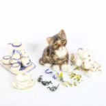 2 doll's house part tea sets, a collection of miniature glass animals, and a small Winstanley cat