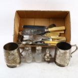 Silver plated cutlery, cruets and tankards (boxful)