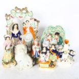 A 19th century Staffordshire flatback group "Fortune Teller", another figures in an arbour, and 5