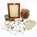 A tray containing plated spoons, wristwatches, costume jewellery, satinwood-banded frame etc