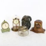 A French Art Nouveau mantel clock of small size, 2 other small clocks, a soapstone ornament etc (5)